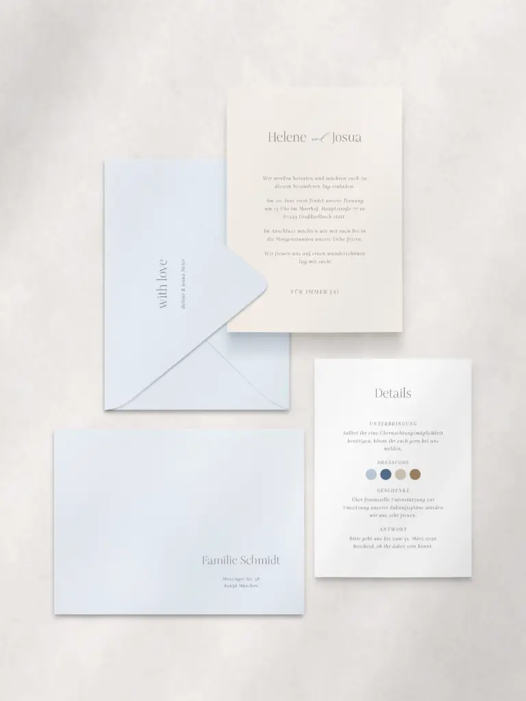 Papeterie-Set - elegante Hochzeitseinladung mit Detailkarte und beschriftetem Briefumschlag in blau und beige, ideal für mediterrane Hochzeiten in Deutschland. Hochwertige, handgefertigte Hochzeitspapeterie im minimalistischen Fine Art Design für stilbewusste Paare.