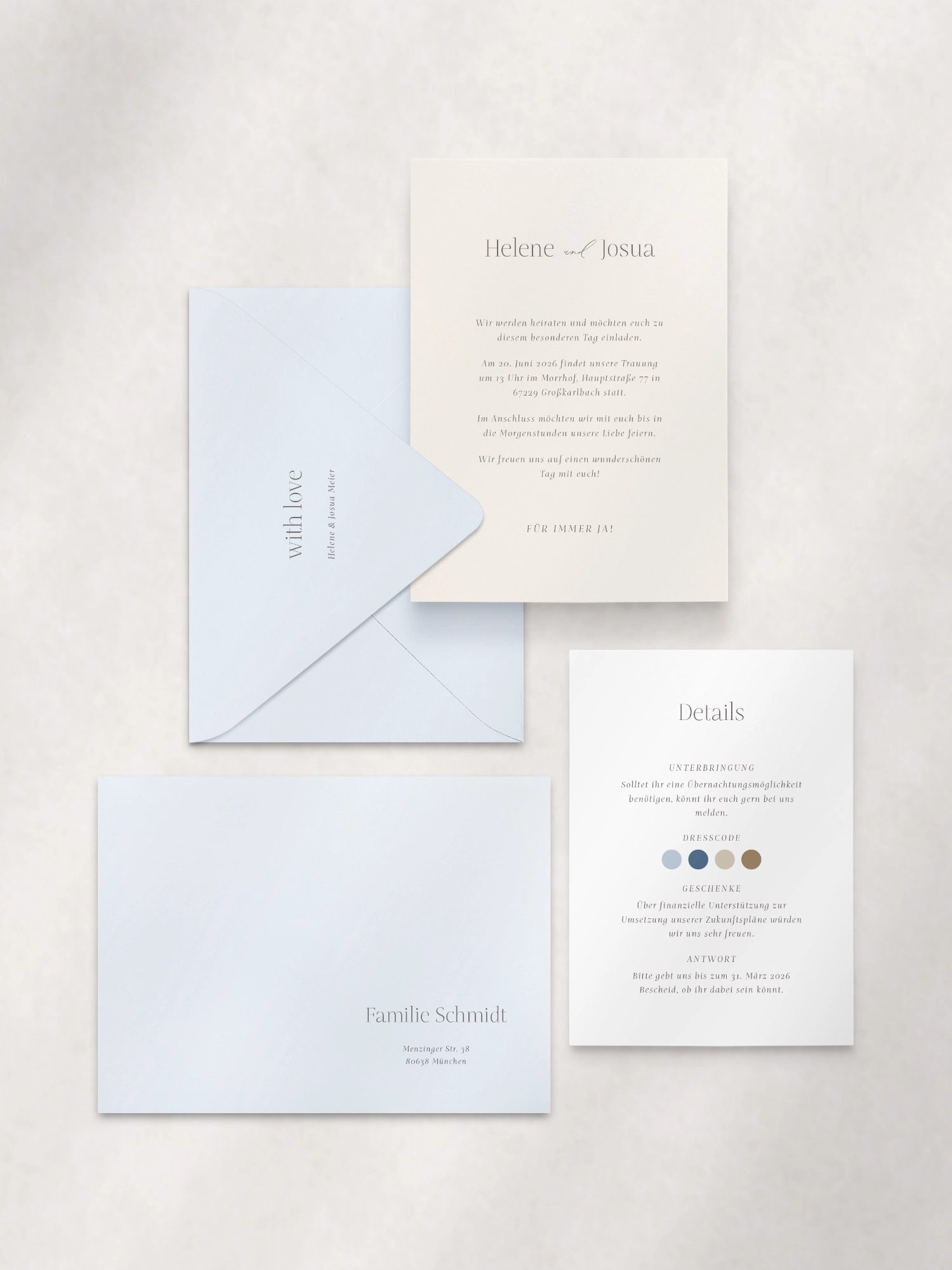 Papeterie-Set - elegante Hochzeitseinladung mit Detailkarte und beschriftetem Briefumschlag in blau und beige, ideal für mediterrane Hochzeiten in Deutschland. Hochwertige, handgefertigte Hochzeitspapeterie im minimalistischen Fine Art Design für stilbewusste Paare.