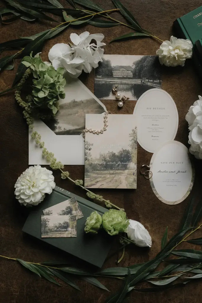 Exklusive, luxuriöse Hochzeitskollektion im Fine-Art-Stil mit moderner, minimalistischer Hochzeitspapeterie in Grün- und Naturtönen für stilvolle Hochzeiten mit Anspruch an Design und Qualität.