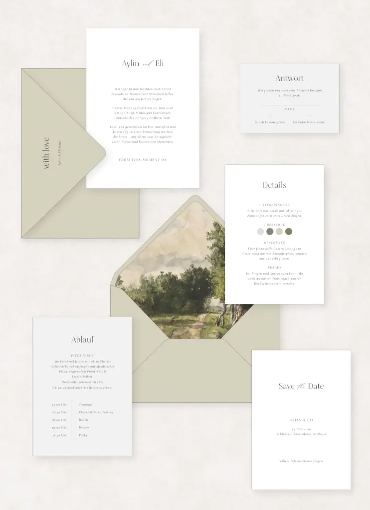 Moderne Hochzeitspapeterie der Kollektion „Capri“ mit klassischen Naturillustrationen, minimalistischen Schriften und Farbwelt in Beige, Weiß und Olive – ideal für stilvolle, persönliche Hochzeitskonzepte mit edler Haptik.